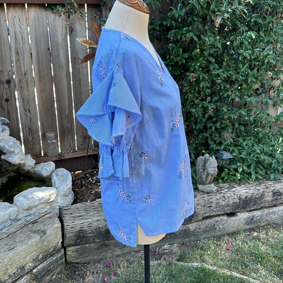 Love Scarlett Blue and White Striped Floral Ruffed Cold Shoulder Blouse Small - Picture 4 of 10
